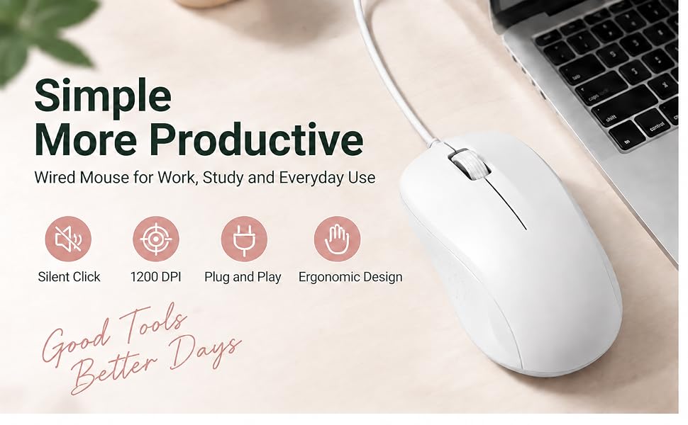 Silent Wired Mouse, 1200 DPI Ergonomic USB Computer Wired Mouse for Office & Home, Plug & Play, Wire