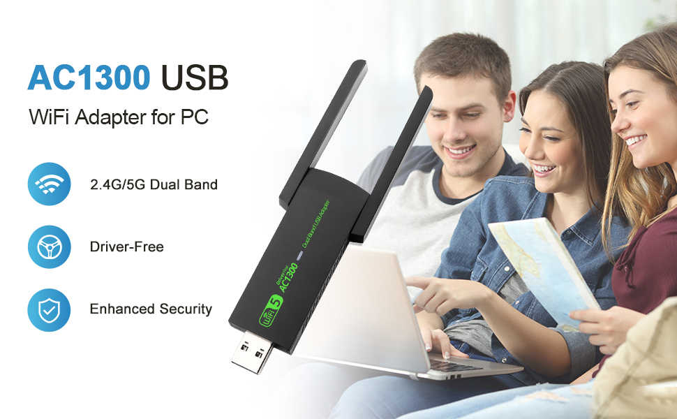 USB WiFi Adapter, AC1300Mbps Wireless Adapter, Dual Band 5dBi High Gain Antenna 2.4GHz/ 5GHz Wireles