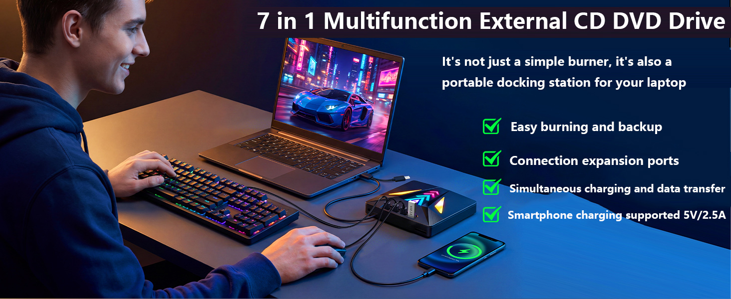 External CD DVD Drive for PC, [7 in 1]External CD/DVD Optical Burner with 4 USB Ports and TF/SD Card