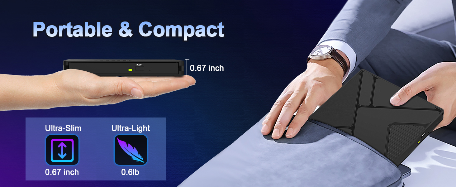 Our external CD DVD drive for laptop, you can insert it into your laptop or desktop computer to auto