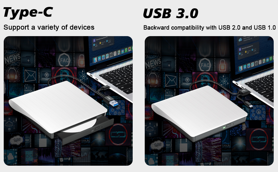 External CD/DVD Drive for Laptop PC, Portable CD DVD Player USB 3.0 & Type C Portable Optical Drive