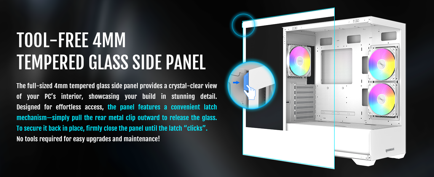 Raidmax i801 ATX gaming mid tower chassis, 270 panoramic tempered glass, ARGB 120mm fans