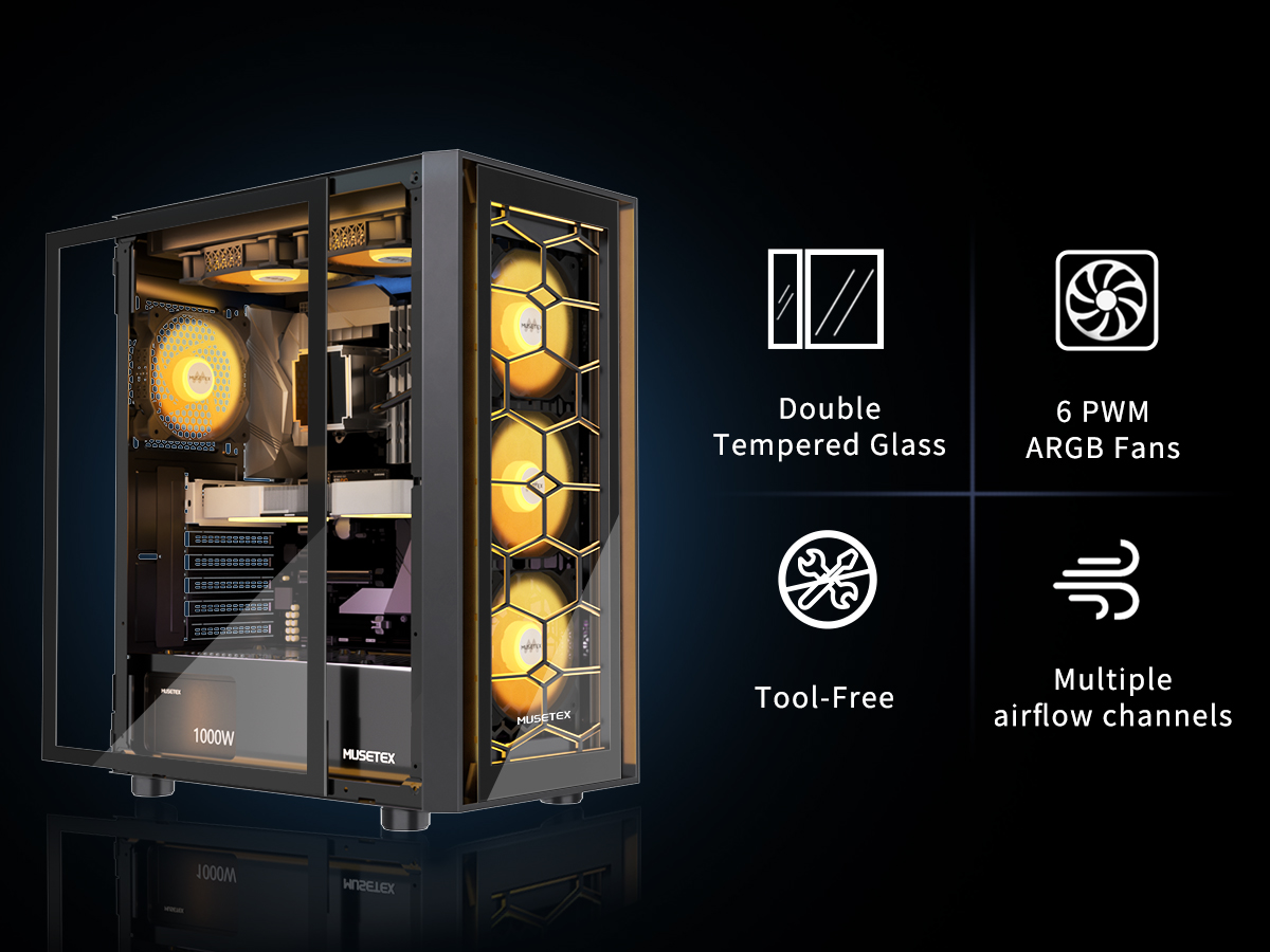 MUSETEX ATX PC Case 6 PWM ARGB Fans PreInstalled, Mid Tower Gaming PC