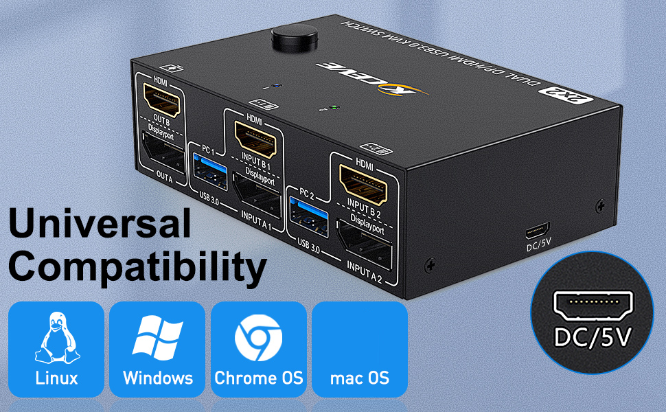 The DP HDMI KVM Switch supports two display modes and two switching modes