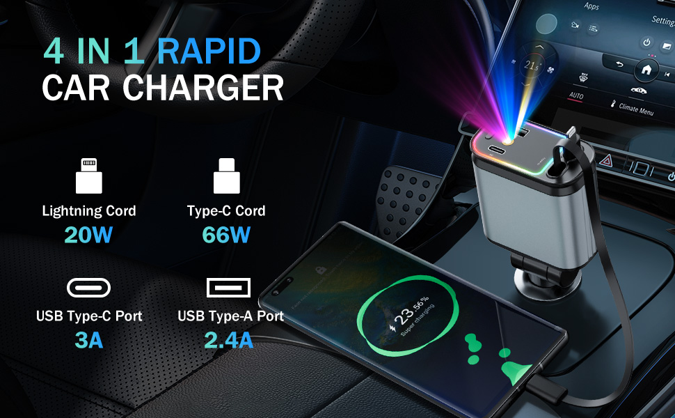Car Charger with Starlight, 66W USB C Car Charger Adapter, 4 in 1 Retractable Car Charger