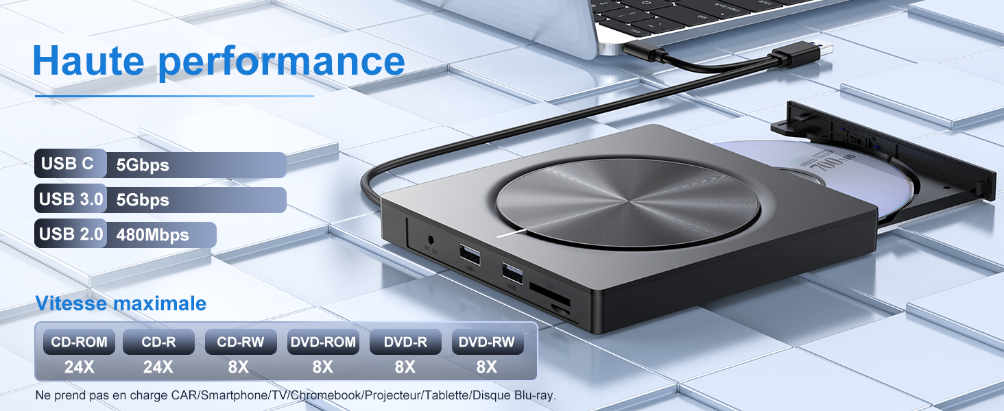 External DVD CD Drive for PC, USB 3.0 and USB-C External CD DVD Burner with 2 USB Ports and SD/TF S