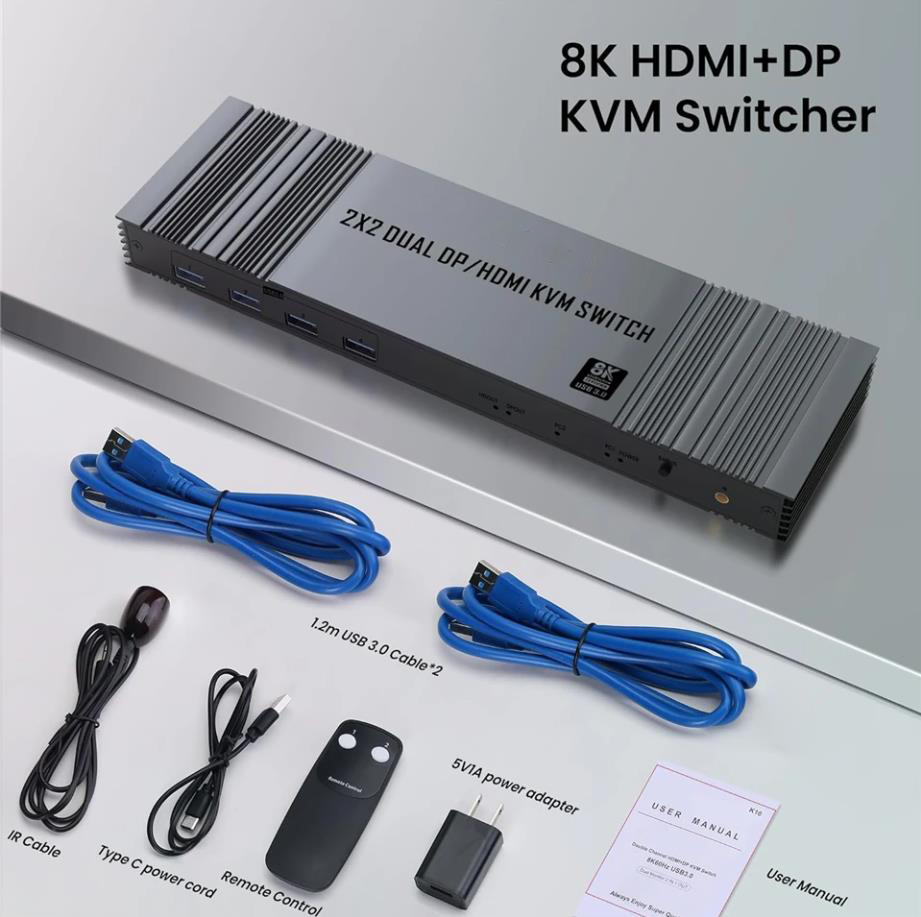 2 In 2 Out 4K 120Hz USB 3.0 HDMI Displayport KVM Switch Box dual monitor for 2 PC Sharing Keyboard M