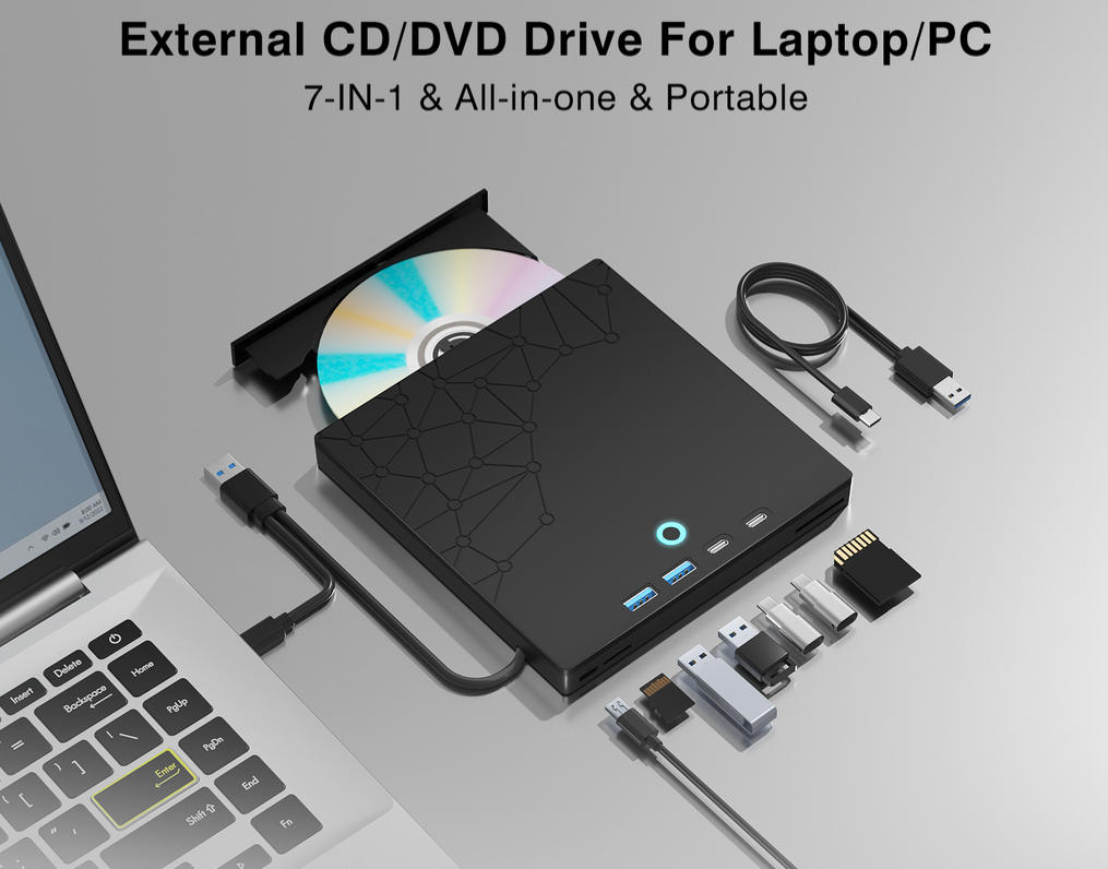 External CD/DVD Drive for Laptop, DVD Burner CD Reader, 7-in-1 USB 3.0 Type C Portable CD Players