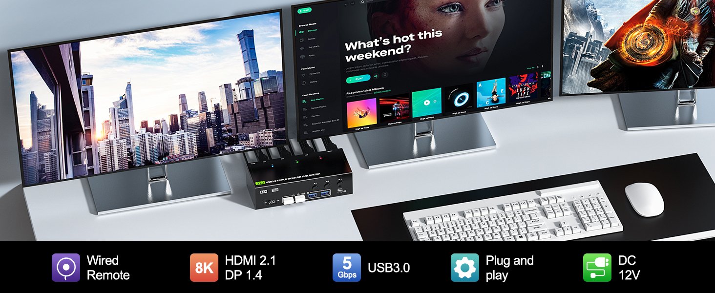 Hitoor KVM Switch 3 Monitors 3 Computers 8K@60Hz, HDMI + 2* Displayport Triple Monitor KVM Switch, 3