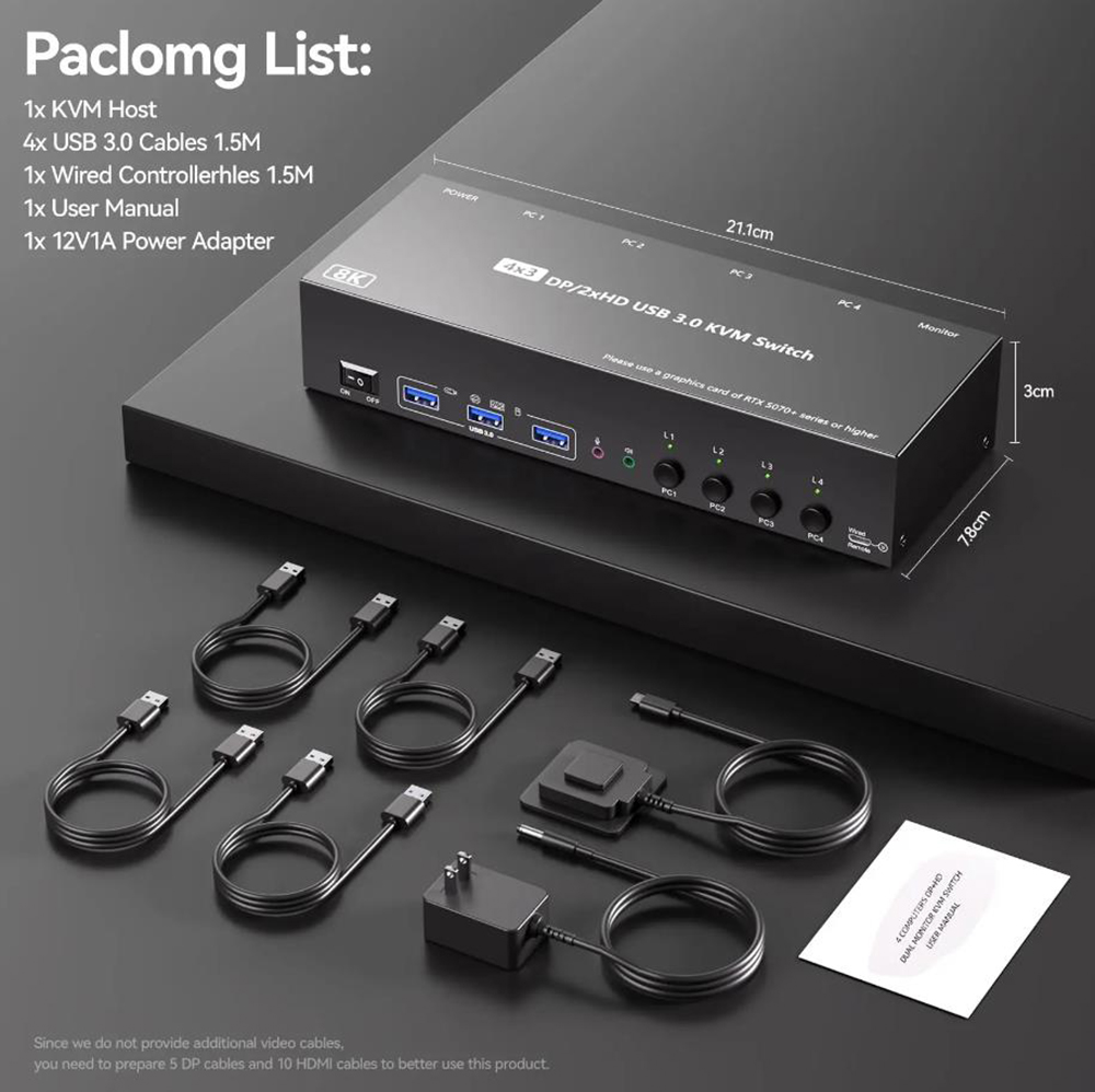 4K@144Hz Triple Monitor KVM Switch 3 Monitors 4 Computers, 8K@60Hz 2 HDMI + DisplayPort USB 3.0 KVM