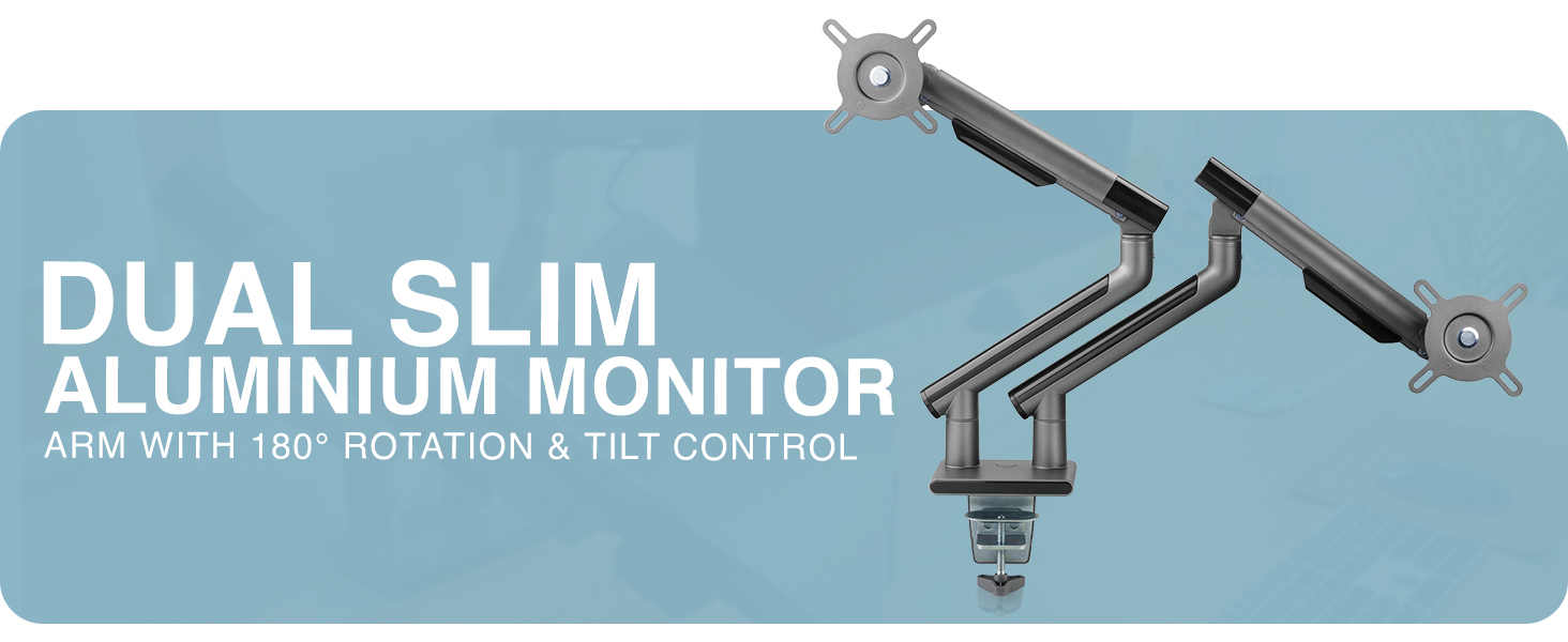 slim monitor arm, dual monitor arm, minimalist monitor mount, low-profile, VESA mount, ergonomic
