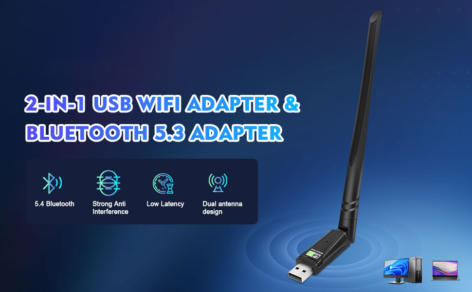AUTYUE Bluetooth Dongle for PC, 2 in 1 USB WiFi Adapter & Bluetooth 5.3 Adapter, 900Mbps