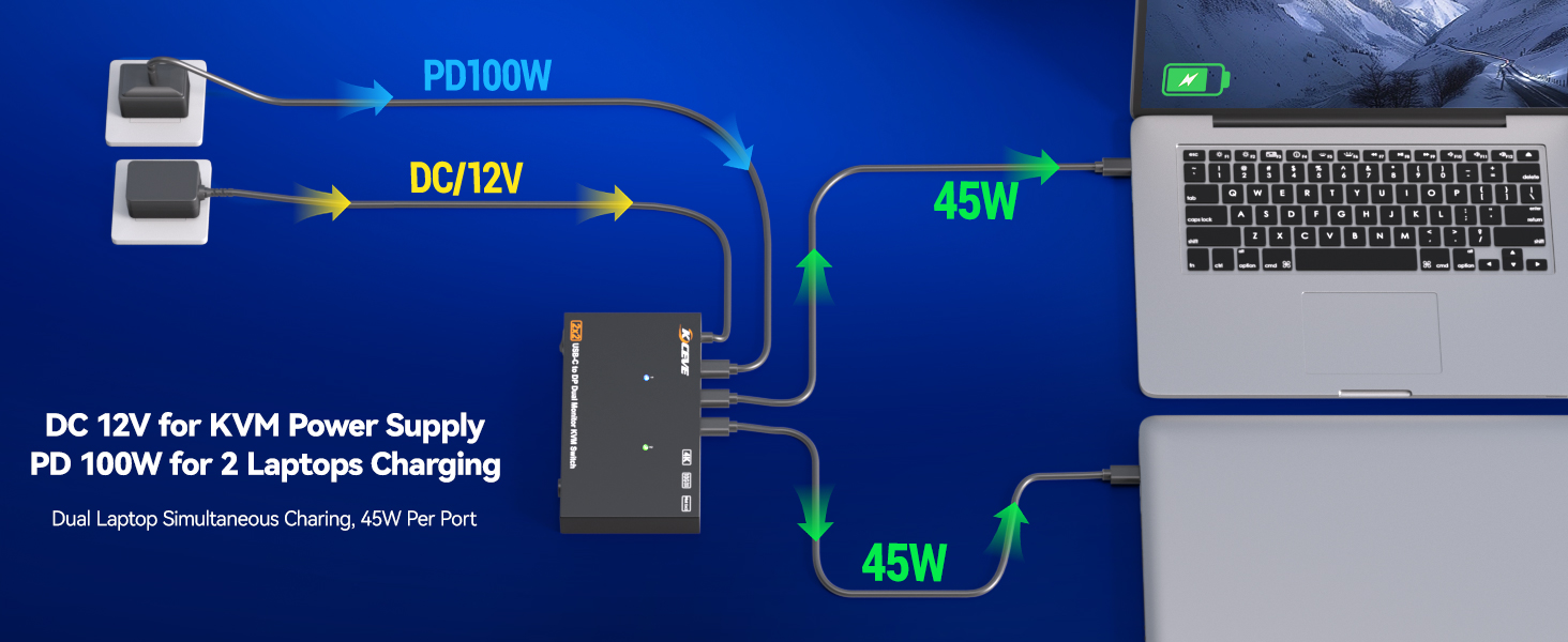 Simply connect to the KVM with a USB-C cable and plug the laptop's power adapter into the "PD" port.