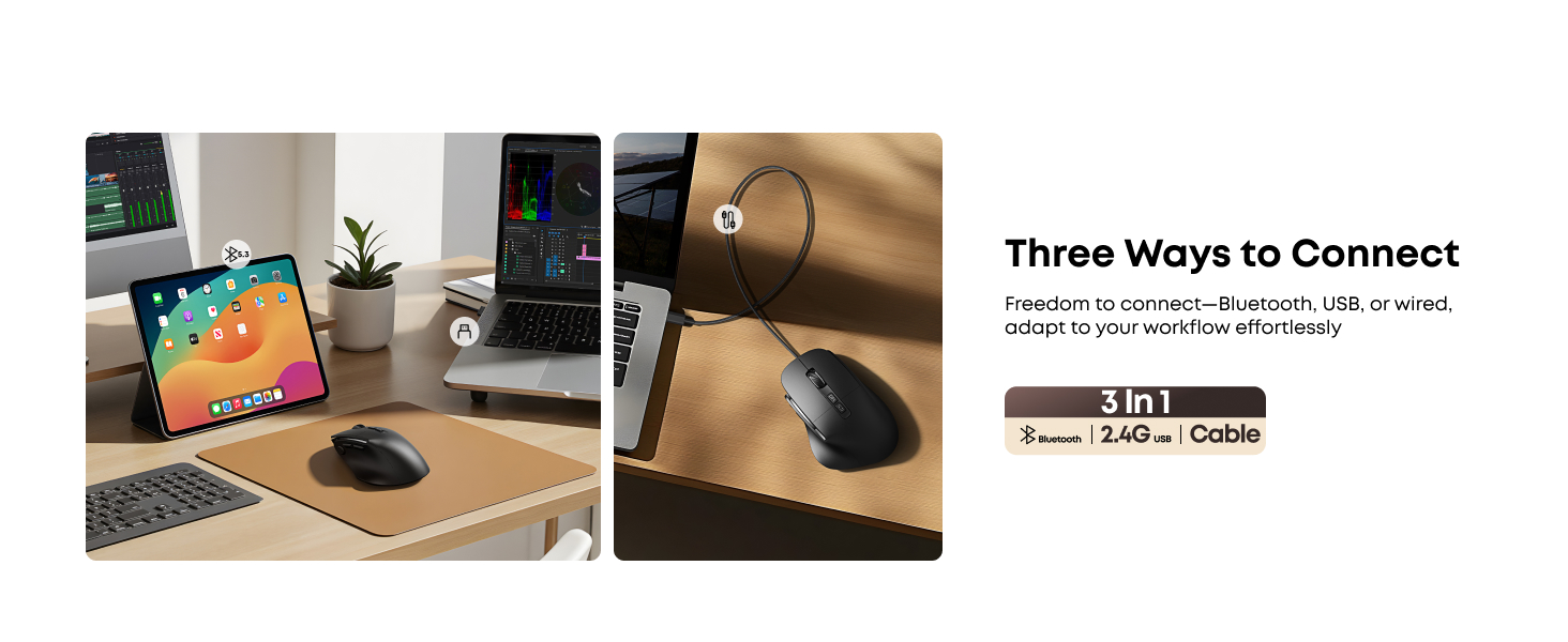 Ergonomic Rechargeable Mouse with Jiggler, Bluetooth + 2.4G Wireless + Wired (3 in 1) Connection, Ma