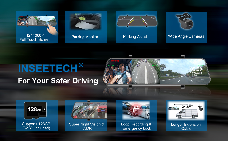 12ines 1080P 3 Channel Mirror Dash Cam