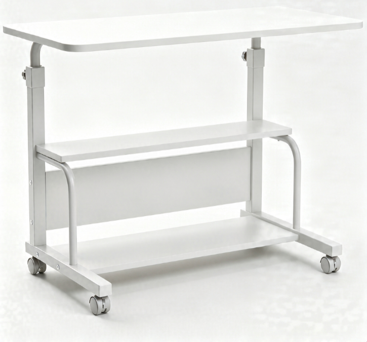 height adjustable rolling computer desk, white mobile laptop table with storage shelves and lockable