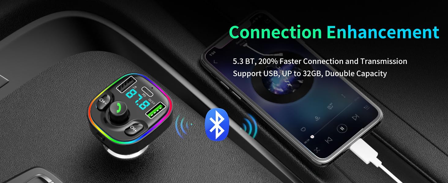 Bluetooth 5.4 FM Transmitter Car Adapter - Car Bluetooth Adapter with Fast Charger