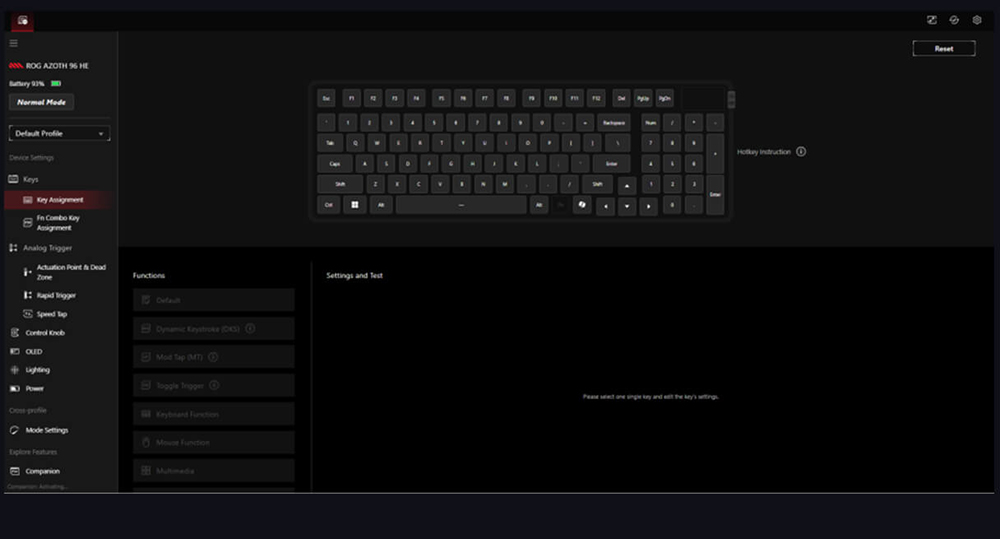 Gear Link web-based user interface for customizing the ROG Azoth 96 HE settings in a browser