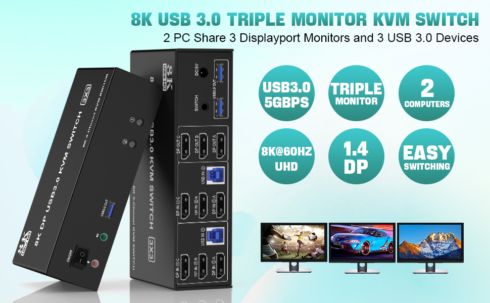 8K@60Hz/4K@144Hz 3 Displayport Triple Monitor KVM Switch for 2 computers sharing 3 monitors