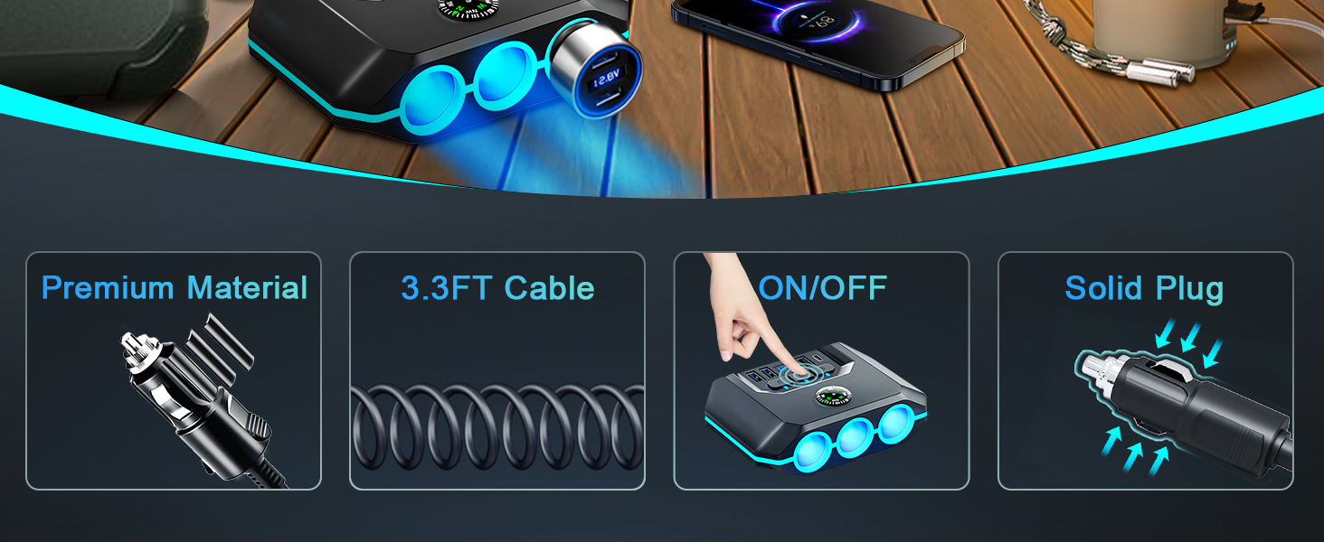 Car Auto Cigarette Lighter Splitter, 120W Car Charger Adapter with USB & PD, 7 in 1 Multi Port Power