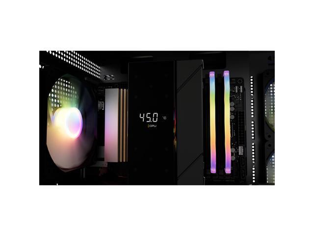 Close-up of the digital-display tower air cooler and two ARGB DDR5 memory modules
