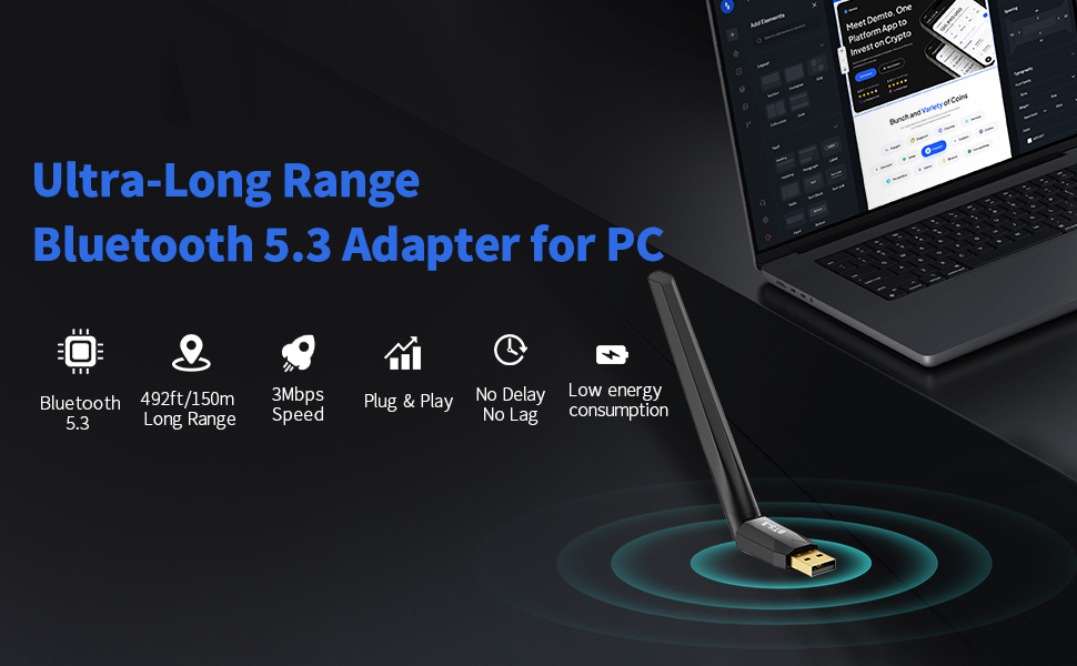 Powerful Bluetooth 5.3, Realize More Possibility, Longrange Our new Bluetooth 5.3 adapter feat