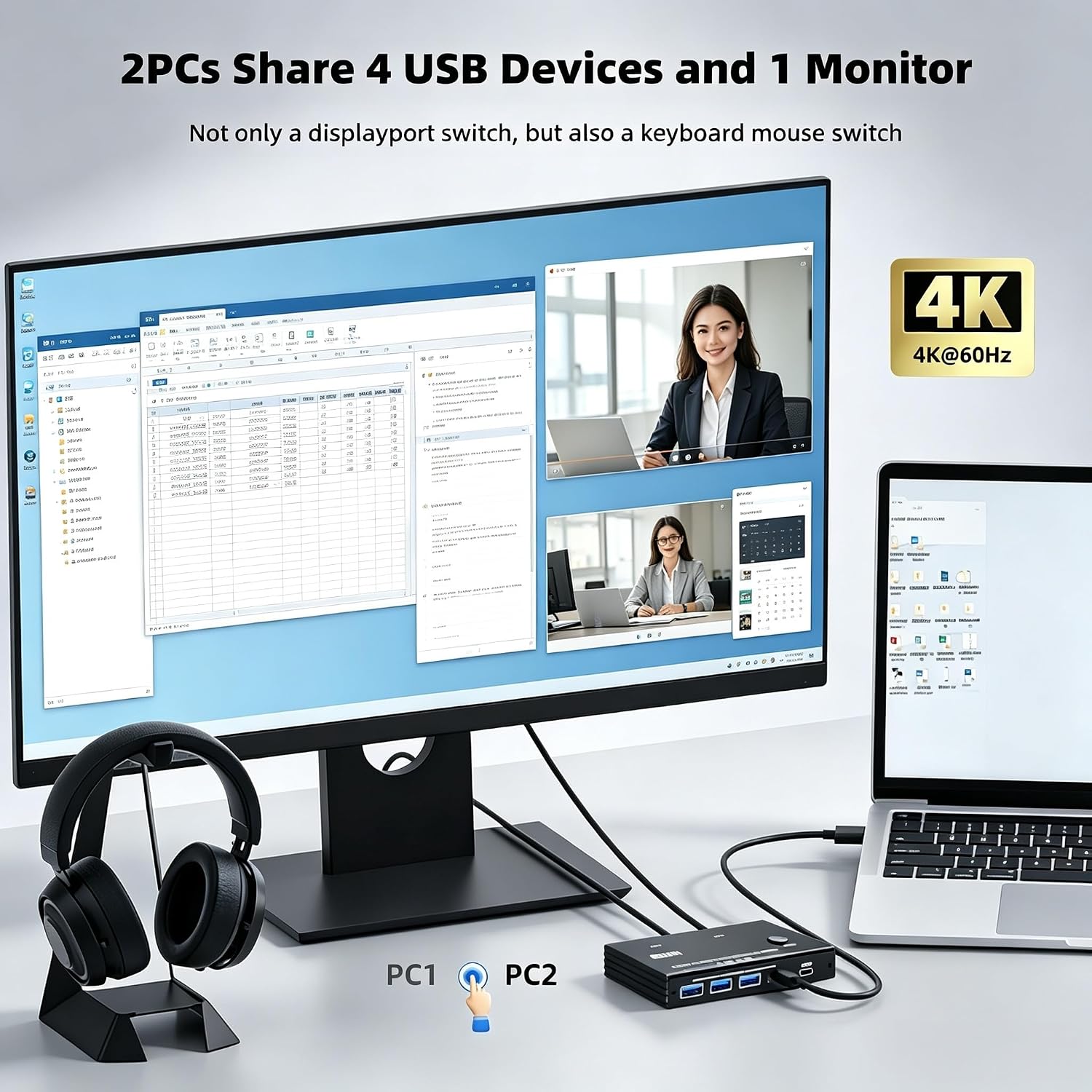 4K@60Hz Displayport KVM Switch 2 PC 1 Monitor with 2 USB Cables | KVM Switcher Support 4K@60Hz, 4 Po