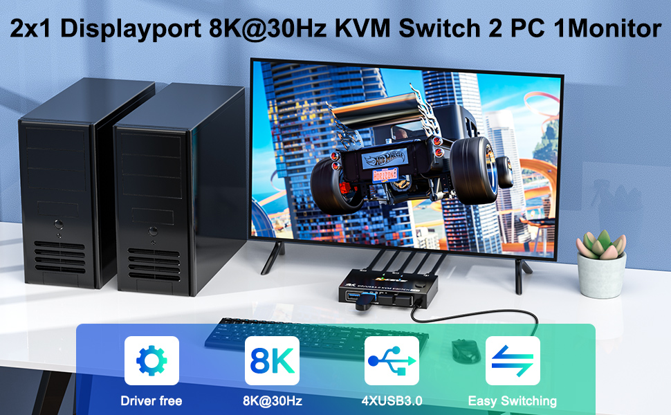 Hitoor Displayport KVM Switch 2 Computers 1 Monitor, USB 3.0 KVM Switch Displayport 8K@30Hz 4K@144Hz