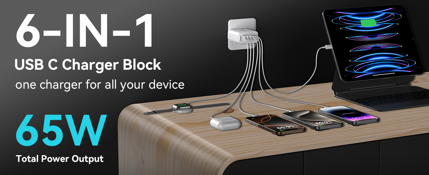 [2 PACK] USB C Fast Charger Block, 65W GaN 6 Port USB C Wall Charger 30W Type C Charging Blocks