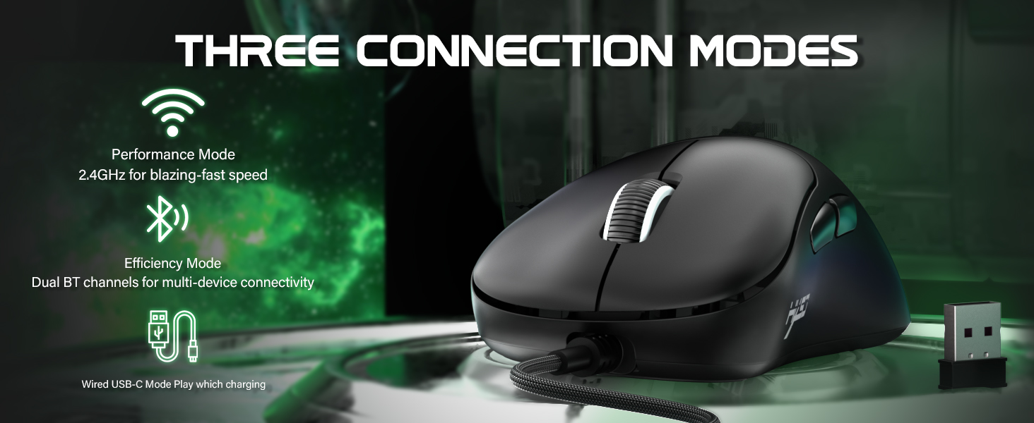 Wireless Gaming Mouse, Adjustable 10K DPI 1K Optical Sensor Tri-Mode Wireless Mouse