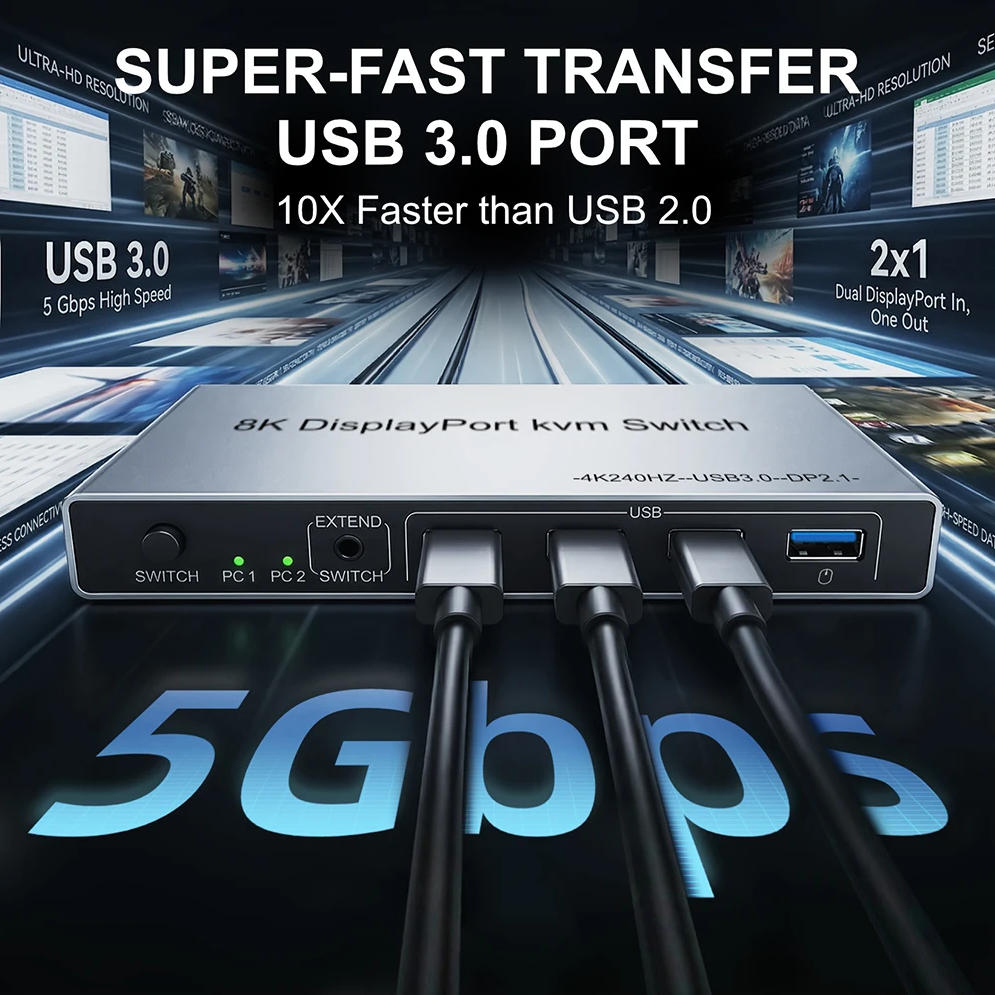 2 Ports 8K@60Hz Displayport KVM Switch 2 Computers One Monitor, 4K@144Hz 2-Port DP USB KVM Switches,