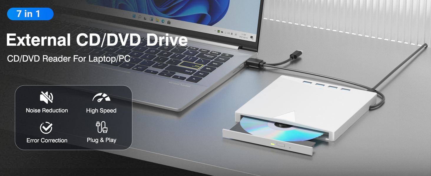 External CD/DVD Drive for Laptops PC, 7 IN 1 Portable DVD Drive CD Burner CD-ROM DVD-/+RW Writer Rea