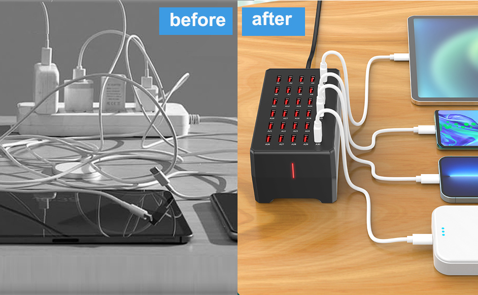 USB Charger Station, 30-Port USB 150W/30A Multiple USB Charging Station