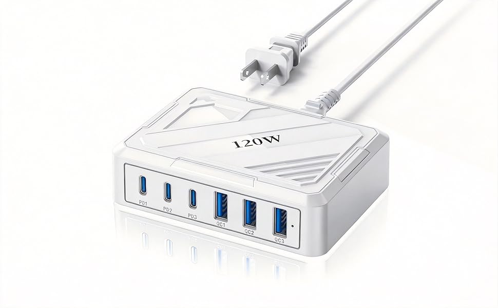 USB C Fast Charger, 120W GaN 6 Port Type C Charging Station for Multiple Devices, USB Hub Block Cube