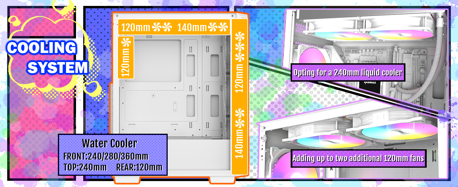 raidmax v212 while atx mid tower gaming acse, tempered glass, pre-installed 4 120mm fans,