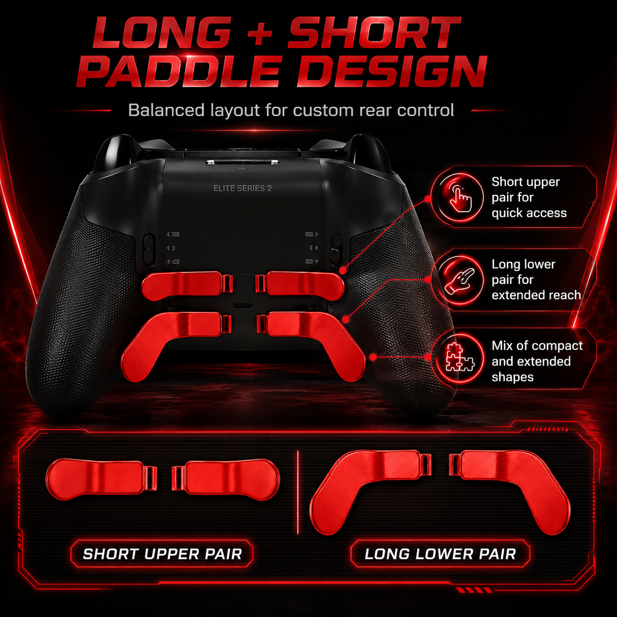 long short controller paddles, red elite paddles, rear paddle layout