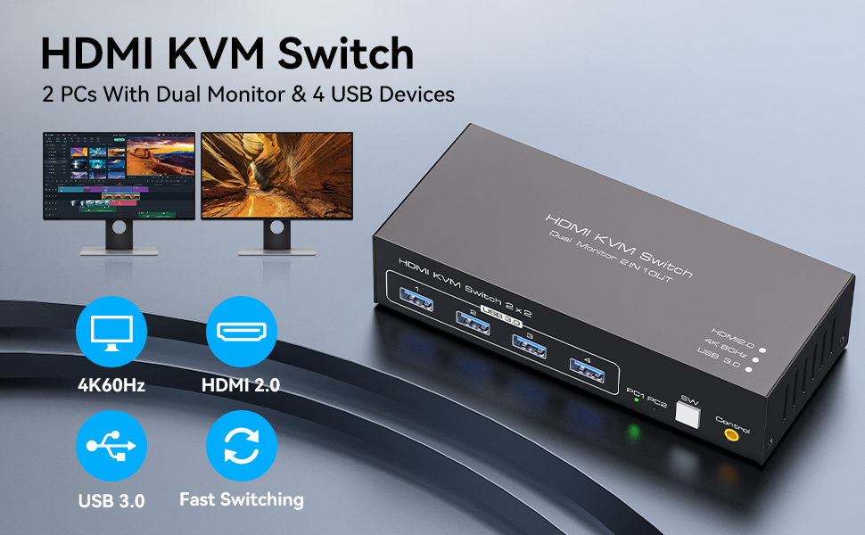 AUTYUE HDMI KVM Switch 2 Monitors 2 Computers, 4K60Hz 2 Ports Dual Monitor HDMI USB KVM Switches