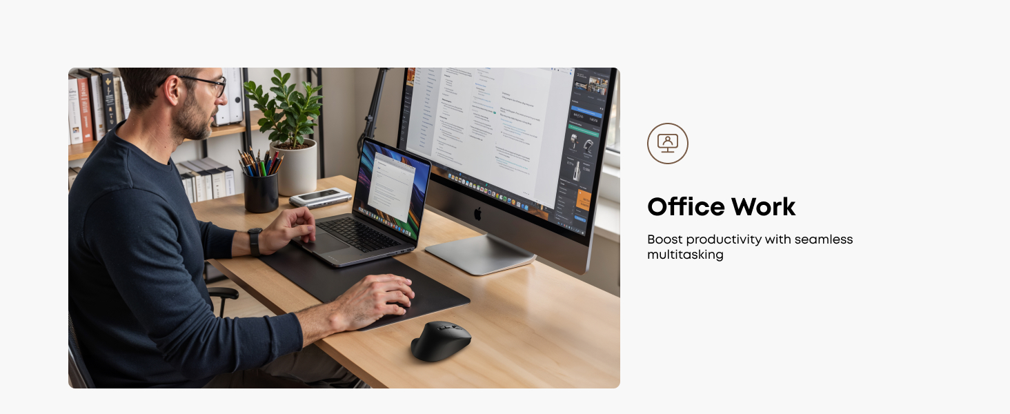 Ergonomic Rechargeable Mouse with Jiggler, Bluetooth + 2.4G Wireless + Wired (3 in 1) Connection, Ma