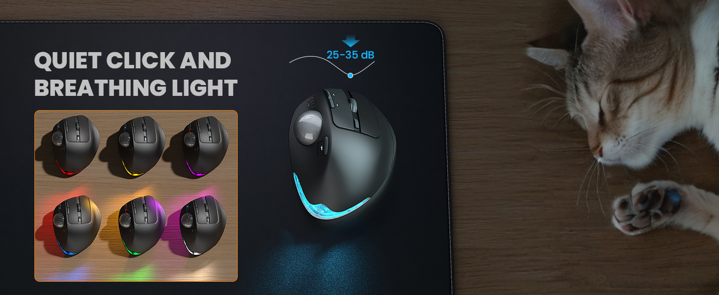 Wireless Trackball Mouse, Ergonomic Bluetooth Rechargeable Computer Mouse, Backlit Rollerball Thumb
