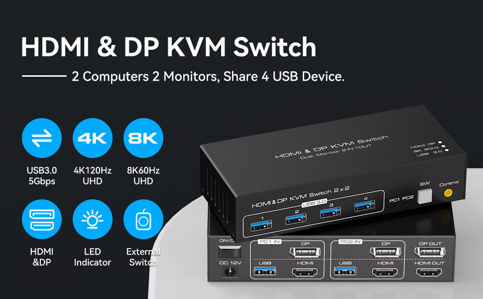 KVM Switch DisplayPort 8K@60Hz 2 PC Su 1 Monitor, USB 3.0 Con 4 Porte, Supporto 4K@120Hz, Telecomando E Alimentatore Inclusi