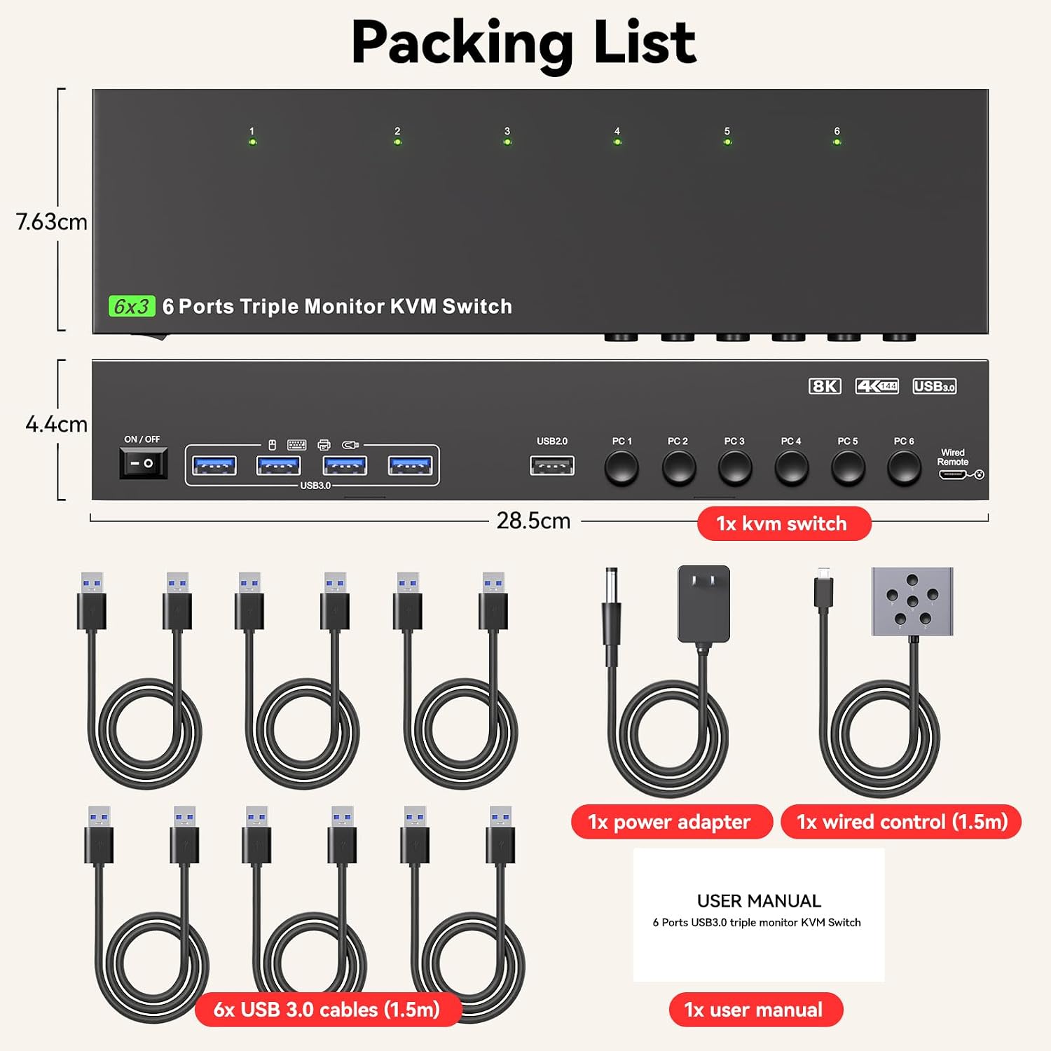HDMI + Displayport KVM Switch 3 Monitors 6 Computers, 4K@120Hz/8K@30Hz Triple Monitor KVM Switches f
