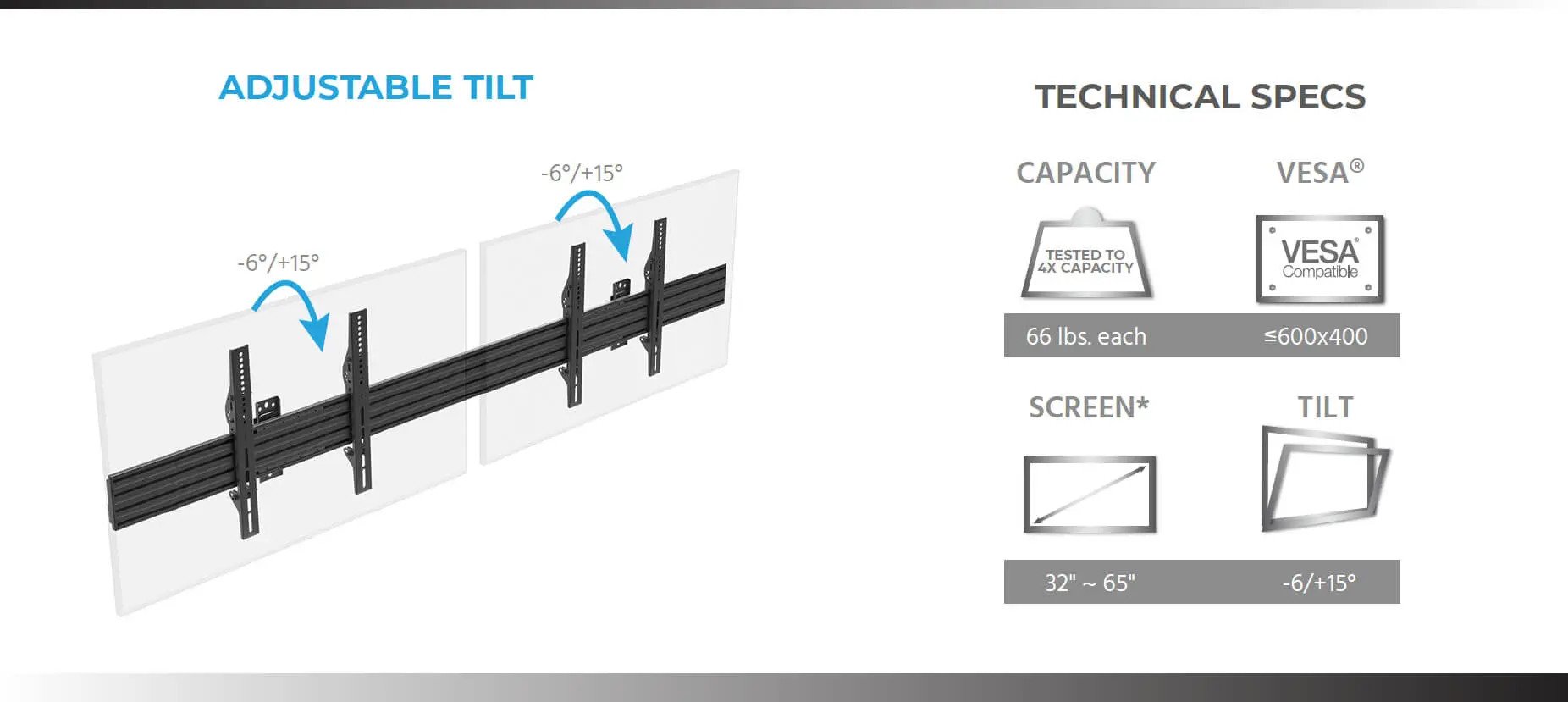 2x1 Display Adjustable Tilt Menu Board TV Wall Mount for LED Screens between 32in to 65in, Max Weigh