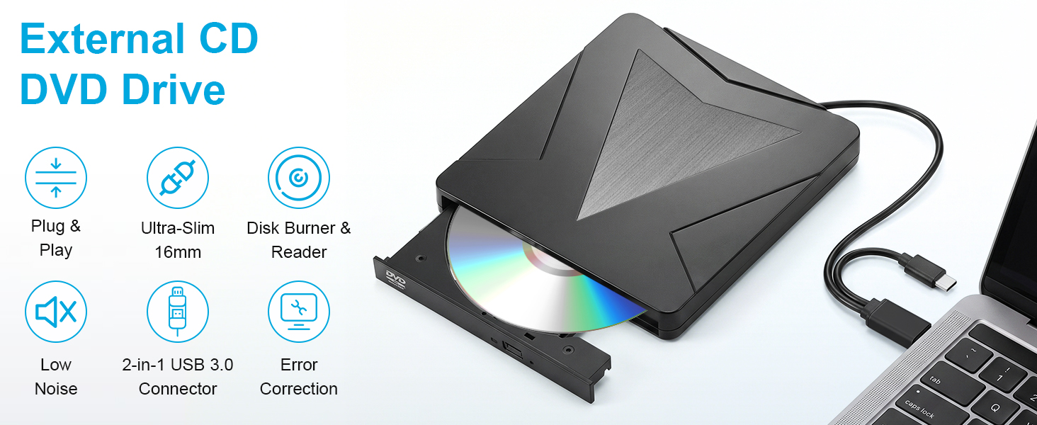 External CD/DVD Drive for Laptop Desktop, External DVD Burner Optical Drive USB 3.0 & Type-C, Portab