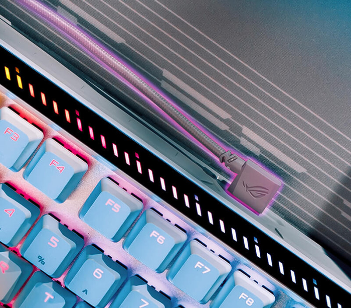 Focus view on white ROG Falchion Ace 75 HE L-shape cable design