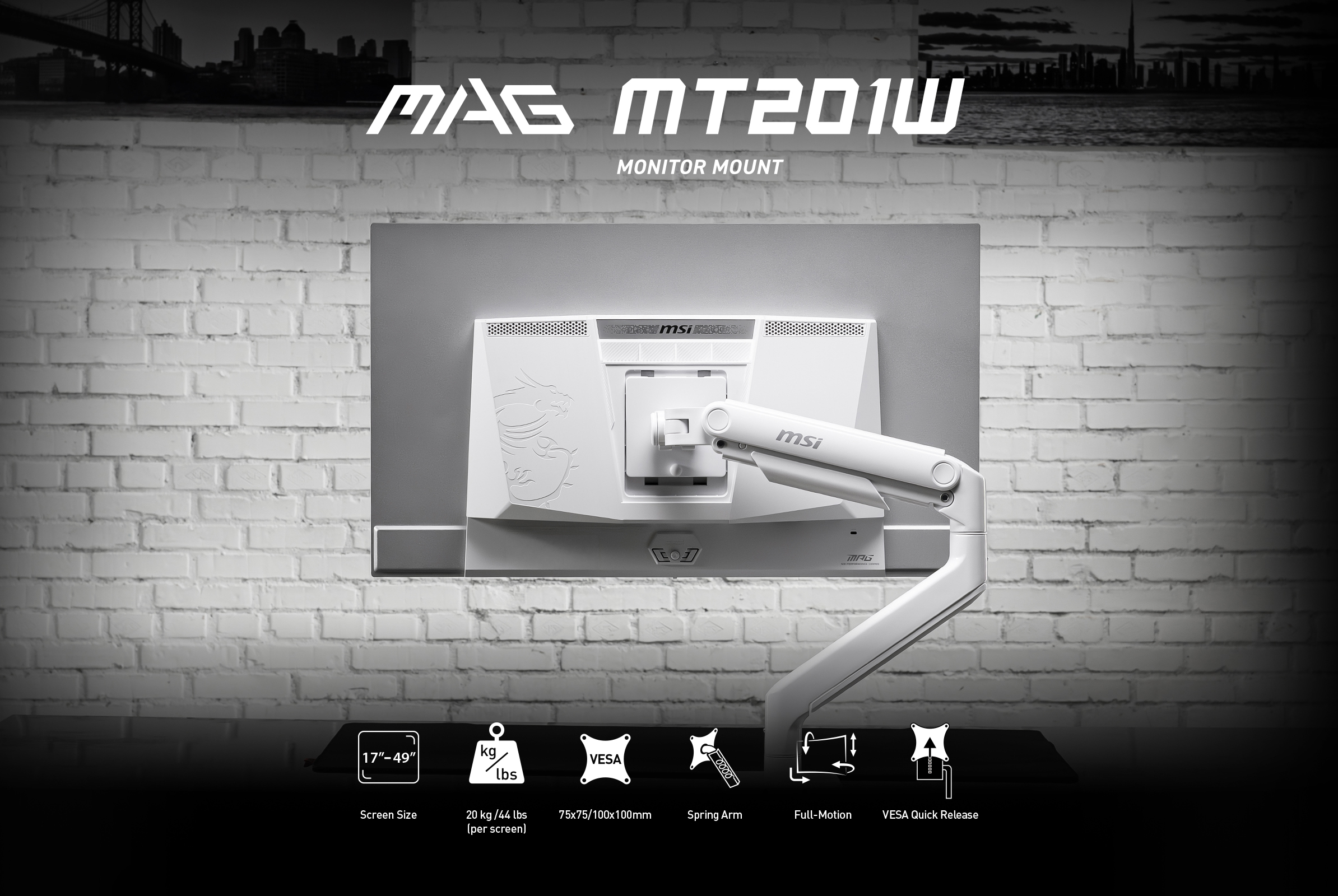 MSI MAG MT201W - Premium Heavy Duty Single Monitor Stand Arm Hero Image