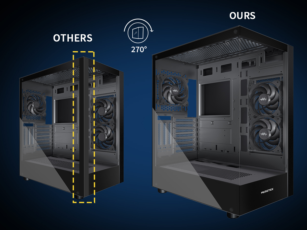 MUSETEX ATX PC CASE, 360MM RAD Support, Full-View Dual