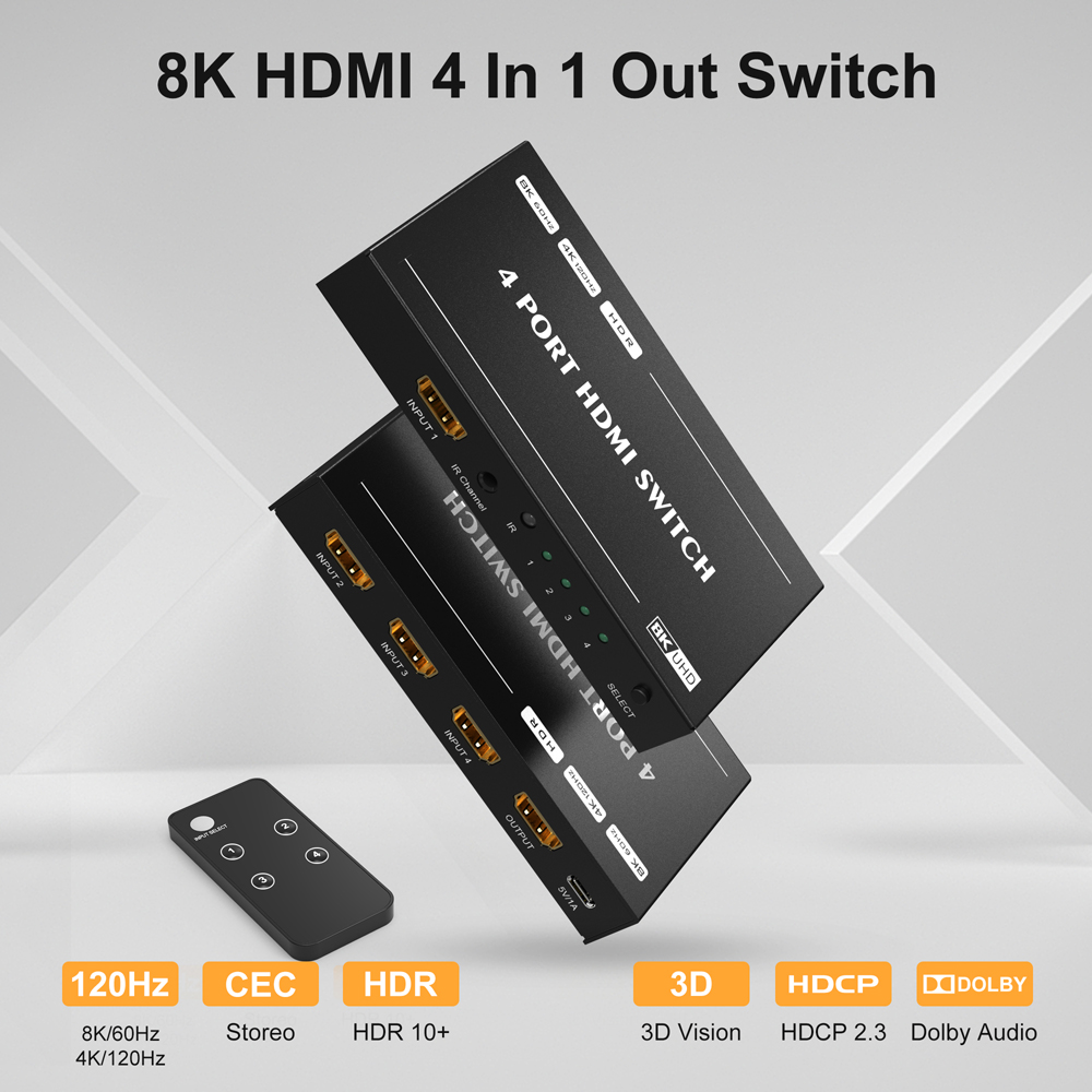 AUBEAMTO 4 port 8K HDMI Switch Splitter 4 In 1 Out HDMI 2.1 Switcher  8K@60Hz 4K@144Hz for Switch Multiple Source and Display Compatible with PS5  Xbox Set-top Box etc More 