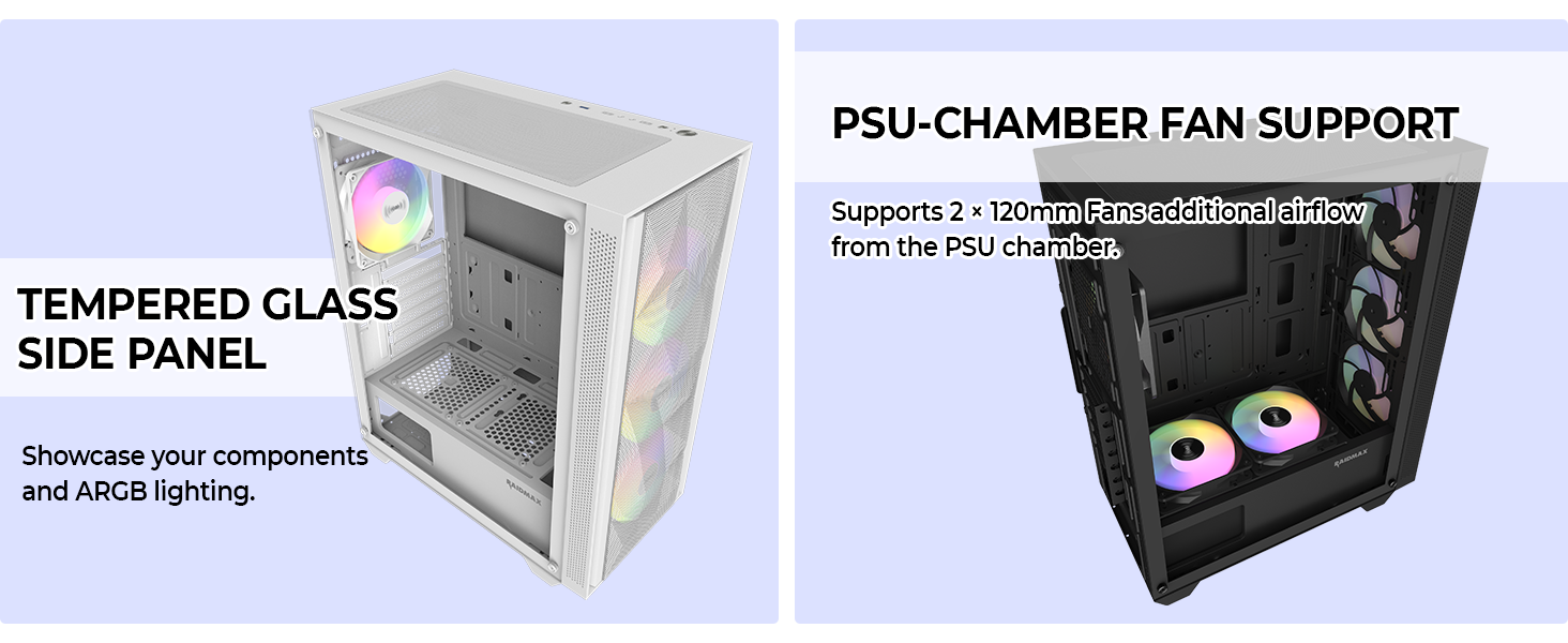 Mesh Front Panel, 4x ARGB Fans, Tempered Glass, and support for ATX/M-ATX/Mini-ITX, 305mm GPUs, and