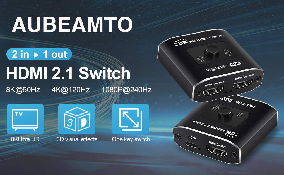 HDMI Switch HDMI Splitter, AUBEAMTO 4K@60hz Aluminum HDMI 2.0 Switcher 2 in  1 Out, HDMI Splitter 1 in 2 Out,Bi-Directional Switch Support 4K 3D HDR