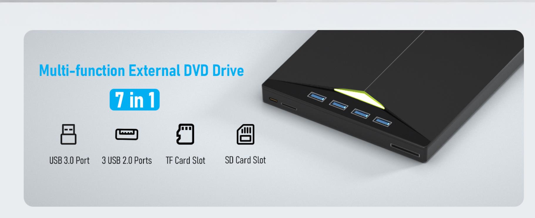 External CD/DVD Drive for Laptop, Portable 7 in 1 USB 3.0 CD ROM External Drive, CD Reader for PC wi